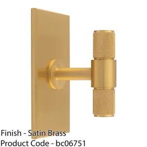 Knurled T Bar Cabinet Door Knob & Matching Backplate - Satin Brass 76 x 40mm