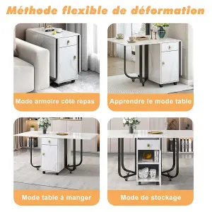 Folding Dining Table (1 Piece) with Cupboard and 2 Drawers, Space-saving Table with 4 Supporting Legs on Gliders (White/Gold) 