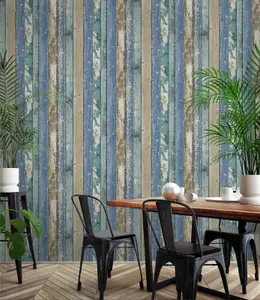 Rustic Distressed Elm Wood Plank Effect Blue Cabin Beige Realistic Wallpaper