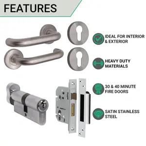 AFIT Satin Stainless Steel Return To Door Lever on Rose Handle Kit - Euro Cylinder Keyed Alike Set 57mm Backset