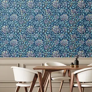 Hoopla Walls Honeysuckle Leaf Trail Navy Blue Smooth Matt Wallpaper