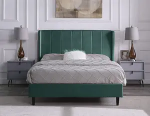 Amelia 5ft King Size Bed in Green Velvet Fabric with elegant winged headboard