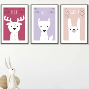 Set of 3 Scandi Nursery Forest Animals Pink Lilac Wall Art Prints / 42x59cm (A2) / Black Frame