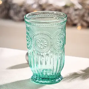 Set of 2 Luxury Embossed Green Tall Drinking Glass Tumblers 330ml