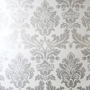 Silver Grey Damask Wallpaper Floral Feature Vintage Retro Metallic Smooth Finish