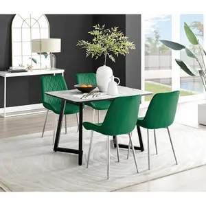 Industrial Design Grey & White Marble Effect Melamine Dining Table Set with 4 Luxury Velvet Chairs Green/Silver