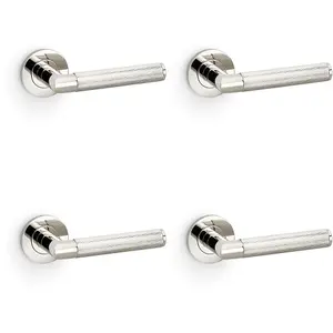 4 PACK - SOLID BRASS Knurled Door Handle Set - Polished Nickel Mitred Lever on Round Rose