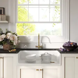 Fireclay Kitchen Bundle - Single Bowl Belfast Sink, Strainer Waste & Mono Lever Handle Tap, 895mm - Brushed Brass - Balterley