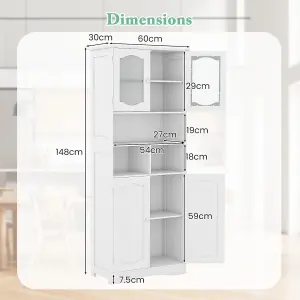 COSTWAY 148cm Tall Bathroom Cabinet Freestanding Storage Cabinet with Tempered Glass Doors