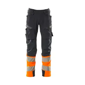 Mascot Accelerate Safe Trousers with Kneepad Pockets - Dark Navy/Hi-Vis Orange   (32.5) (Leg Length - Regular)