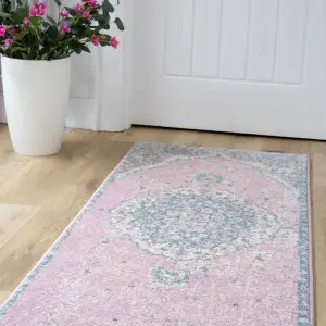 Pink Blue Pastel Traditional Medallion Living Area Runner Rug 60x240cm