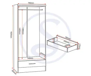 Nevada 2 Door 1 Drawer Wardrobe in 3D Effect Grey