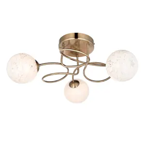 Antique Brass Semi Flush Ceiling Light & Confetti Glass Shades - Multi Arm Lamp