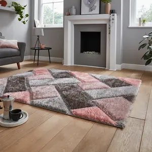 Grey Pink Modern Shaggy Easy to Clean Geometric Rug For Dining Room-80cm X 150cm