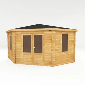 Waltons Wooden 4m x 4m Corner Log Cabin Summerhouse Garden Room - 44mm Double Glazed