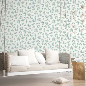 Galerie Evergreen Aqua Mica Fossil Leaf Toss Smooth Wallpaper