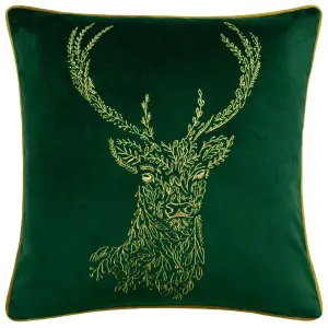 furn. Forest Fauna Embroidered Woodland Stag Velvet Feather Filled Cushion