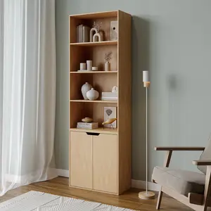 URBNLIVING 180 cm Height 6 Tier Bookcase With 2 Door Cupboard Cabinet Storage Shelving Display Wood Shelf Beech