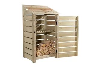 Slatted wooden log store with door and kindling shelf W-99cm, H-180cm, D-88cm - natural (light green) finish