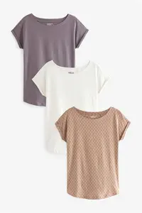 Womens Next White Ecru/Grey/Brown Print 100% Cotton Cap Sleeve T-Shirts 3 Pack - White Ecru/Grey/Brown Print