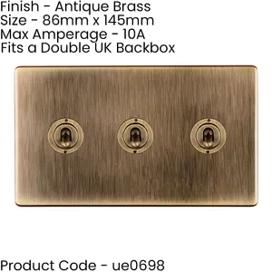 3 PACK 3 Gang Triple Retro Toggle Light Switch SCREWLESS ANTIQUE BRASS 10A 2 Way