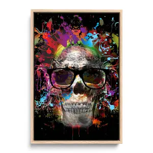 Skull Sunglasses Graffiti CANVAS FLOATER FRAME Wall Art Print Picture Light Oak Frame (H)46cm x (W)30cm