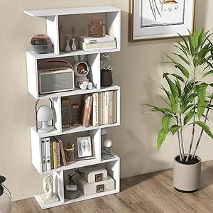 Alivio 5 Tier Wooden S-Shaped Bookcase Living Room Modern Display Shelves Storage - White