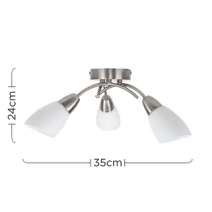 ValueLights Barine 3 Way Brushed Chrome Curved Arm Ceiling Light with Frosted Glass Shades