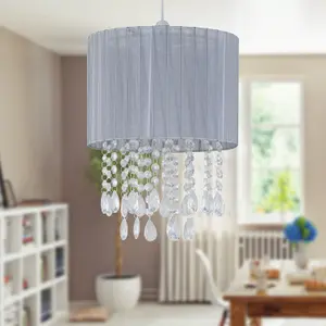 First Choice Lighting Set of 2 Voile 25cm Jewelled Grey Ribbon Pendant Shades