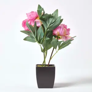 Homescapes Pink Artificial Peonies in Decorative Black Pot, 48 cm Tall