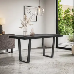 Aria Dining Table And Chairs -  Black Table Top w Black Legs + Monza Faux Leather Dining Chair Set Of 4 (Grey)