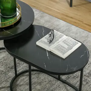 HOMCOM 2 Pcs Modern Coffee Table with Faux Marble Side Accent Tables Black