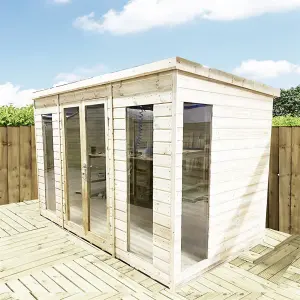 14 x 5 Pressure Treated T&G Pent Wooden Summerhouse + Double Doors & Lock + Windows (14' x 5' / 14ft x 5ft) (14x5)