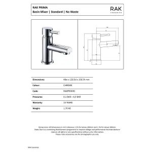 RAK Prima Polished Chrome Modern Basin Sink Mixer Tap Solid Brass