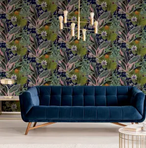 Arthouse Passion Flower Navy Wallpaper