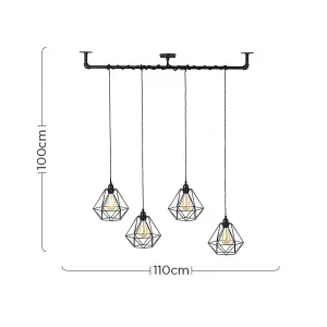 ValueLights Luiggi Industrial Satin Black 4 Way Pipework Wrap Over Ceiling Light with Black Metal Shades