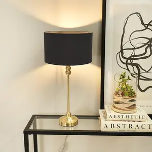 ValueLights Maggie Gold Metal Candlestick Slim Table Lamp with Charcoal Fabric Drum Lamp Shade