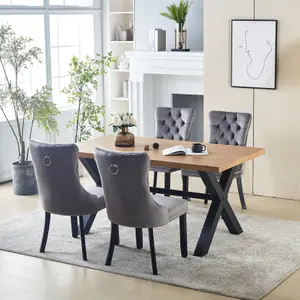 Cero Live Edge Oak Wood Veneer Dining Table and 4 Grey Luxury Velvet Dining Chairs Dining Room Furniture Sets