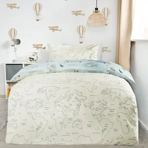 Kids Reversible Duvet Cover Bedding Pillowcases World Map Quilt, Blue - Single