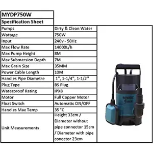 MYLEK Submersible Water Pump Electric 750W for Clean or Dirty Water with Float Switch with 20m Yellow Hose