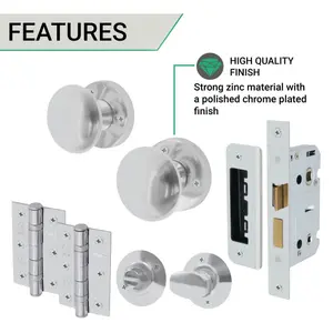 EAI - Round Mortice Door Knobs and Bathroom Lock Kit - 55mm - Polished Chrome