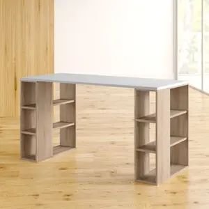 Simone Modern Desk with Built-in Bookcase – Stylish Workspace Desk with 6 Open Shelves Oak / White