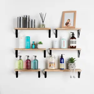 Floating Shelf Wall Mounted 6 Wood Shelves With Metal Brackets