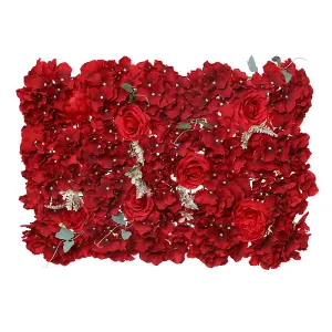 Artificial Flower Wall Backdrop Panel, 60cm x 40cm, Red with Green Leaves