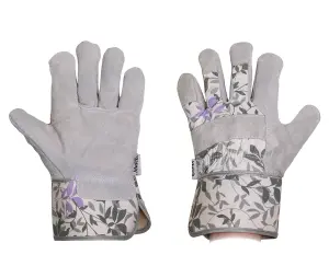 Mulch. Suede Palm Gardening Gloves - Extended Cuff - Lavender & Green Leaf Print - Medium Size 8 - 1 Pair