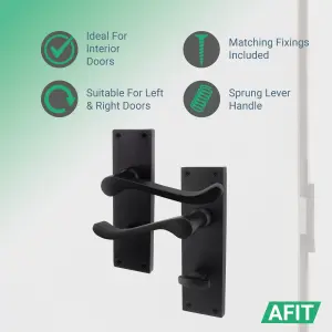 AFIT Matt Black Victorian Scroll Bathroom Door Handle Set - 1 Pair of Black Internal Lever Handles on Backplate with Lock (64mm)