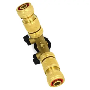 2 Way Garden Tap Connector, Brass Garden Hose Tap Y Splitter Connector with Individual On/Off Valves and 2 Matching Connectors