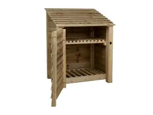 Wooden log store with door and kindling shelf W-99cm, H-126cm, D-88cm - natural (light green) finish