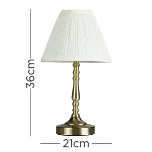 ValueLights Sienna Vintage Antique Brass Touch Table Lamp with Pleated Cream Shade