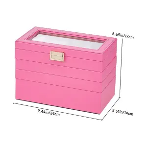 Pink PU Leather and Velvet Lining Elegant Four-Layer Stackable Jewellery Box with Transparent Lid